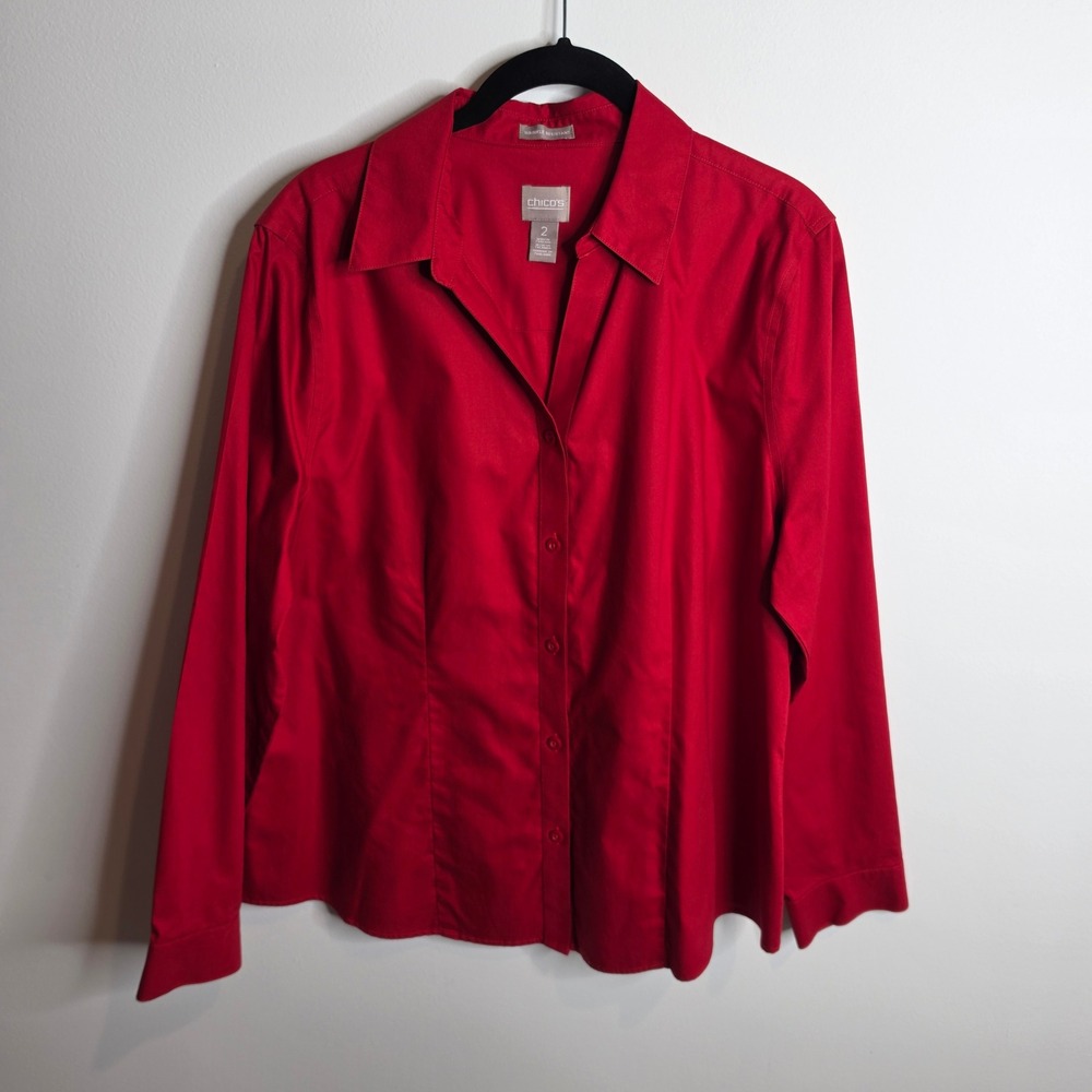 Chico's Button Down Shirt Womens 2 (Large) Red Wrinkle Resistant Cotton Blouse